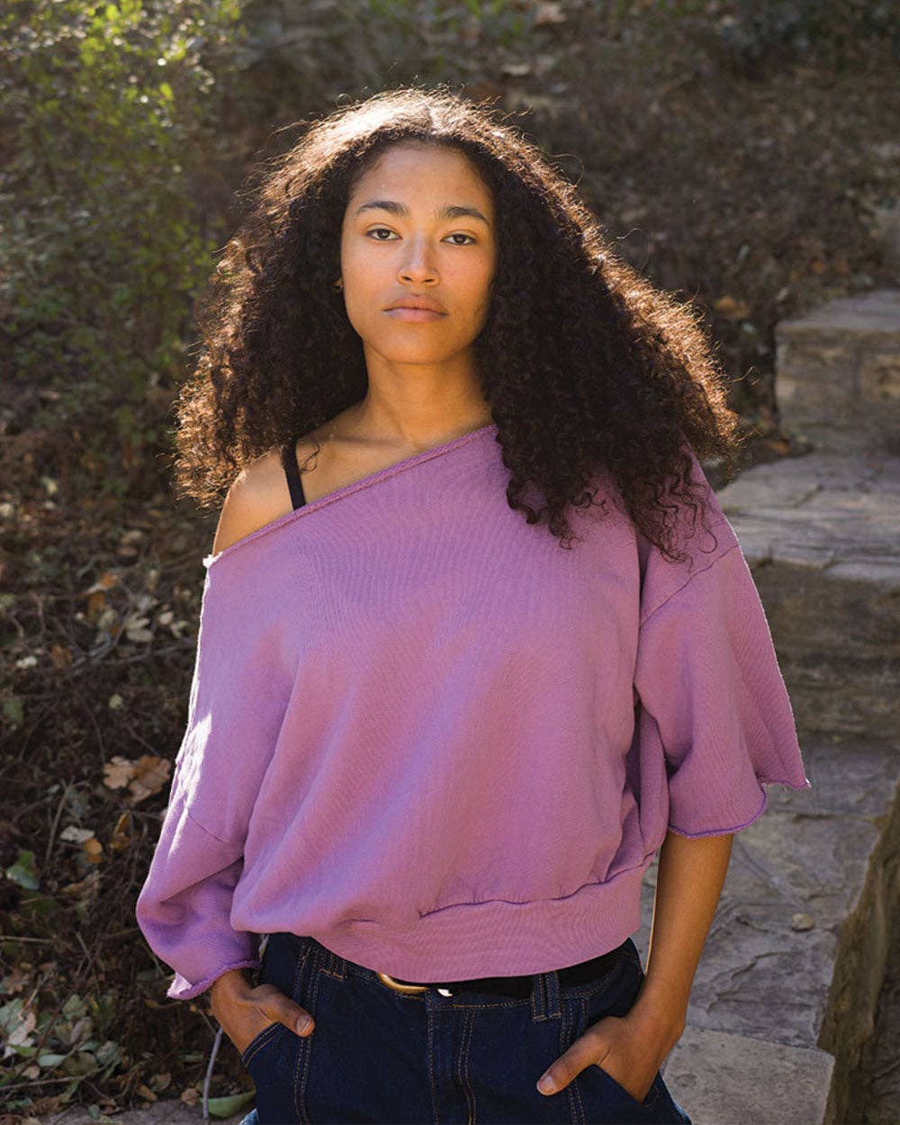 US Blanks - Off the Shoulder Boat Neck Raw Edge - Cotton Twill Fleece: Iris / S