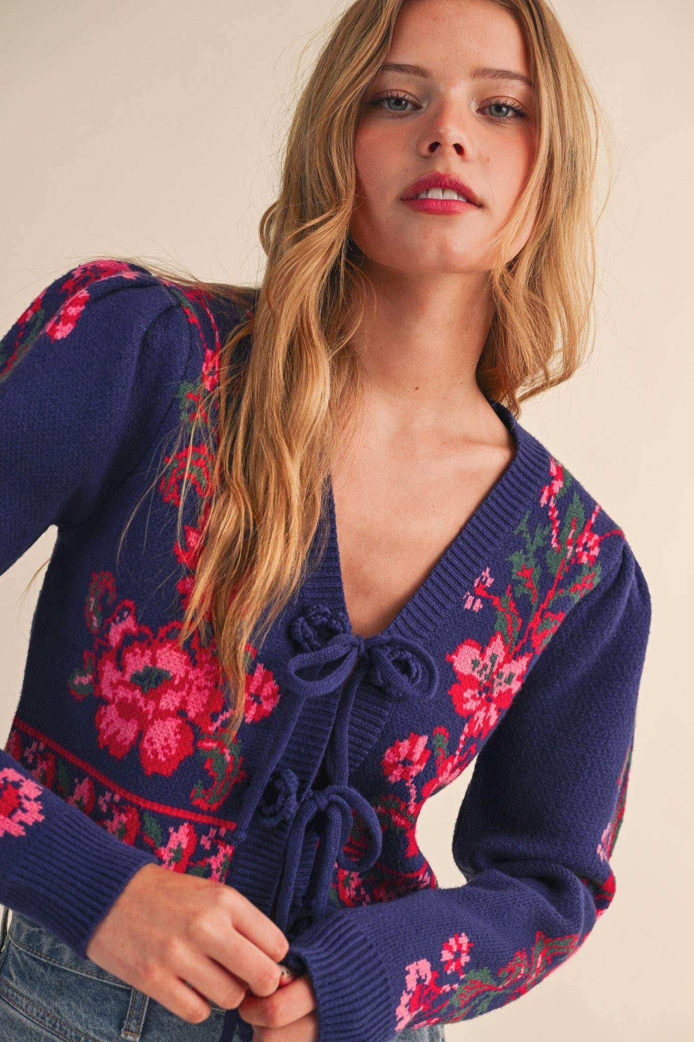 &MERCI - FLORAL KNIT TIE-FRONT CROPPED SWEATER CARDIGAN MSW11133: Brick Red Floral / M
