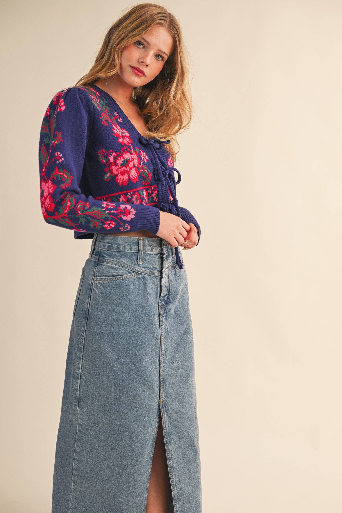 &MERCI - FLORAL KNIT TIE-FRONT CROPPED SWEATER CARDIGAN MSW11133: Brick Red Floral / S