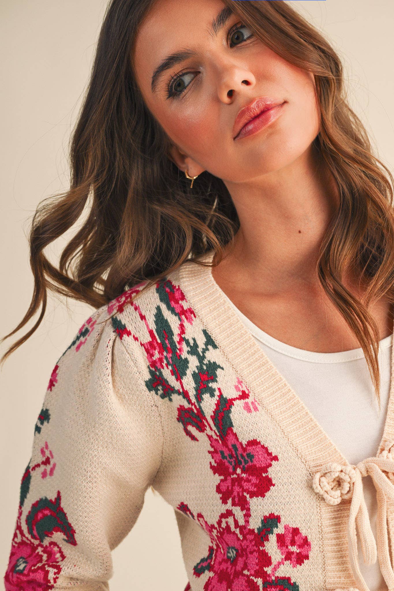 &MERCI - FLORAL KNIT TIE-FRONT CROPPED SWEATER CARDIGAN MSW11133: Brick Red Floral / M