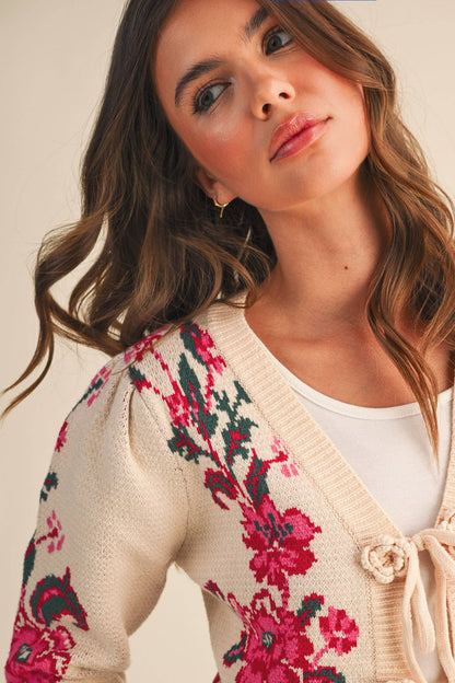 &MERCI - FLORAL KNIT TIE-FRONT CROPPED SWEATER CARDIGAN MSW11133: Brick Red Floral / S