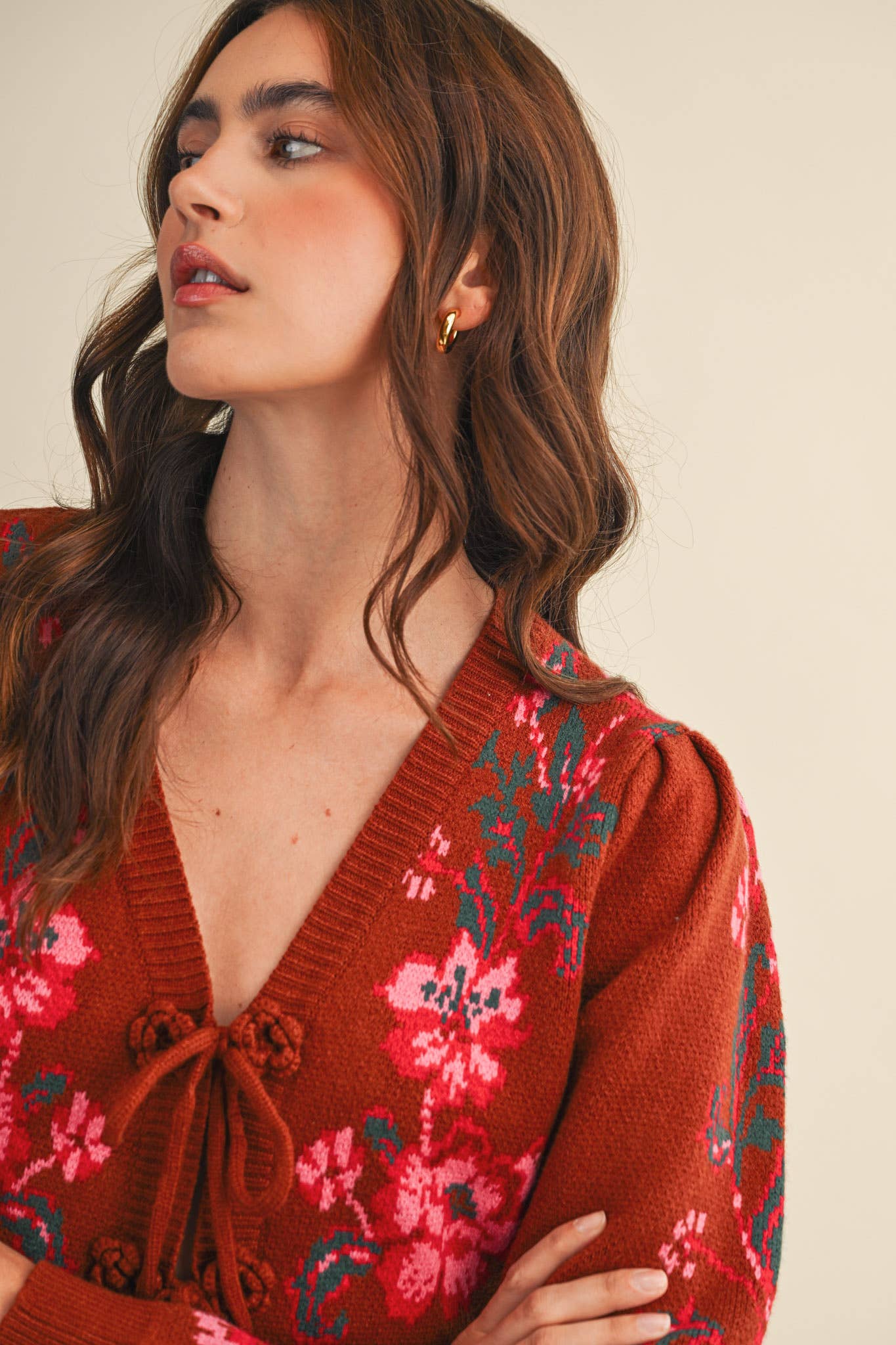 &MERCI - FLORAL KNIT TIE-FRONT CROPPED SWEATER CARDIGAN MSW11133: Brick Red Floral / S