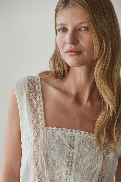 By Together - L9449 | Woven Cotton Sleeveless Square Neck Peplum Top: Cream / S