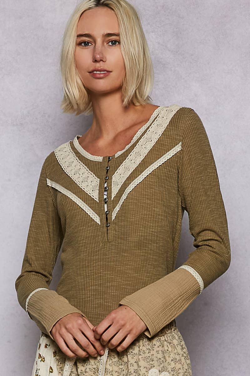 Pol Clothing - Long sleeve double gauze solid knit rib top: Black / S
