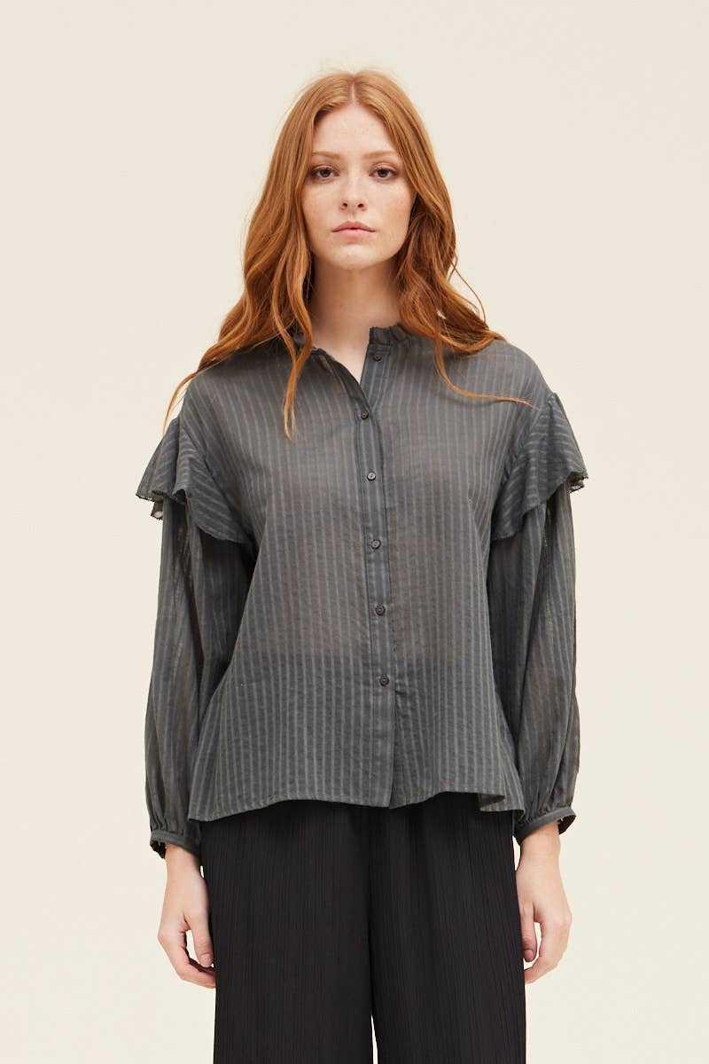 Grade & Gather - 41159 - COTTON TEXTURE RUFFLED BLOUSE: SPRUCE / SMALL