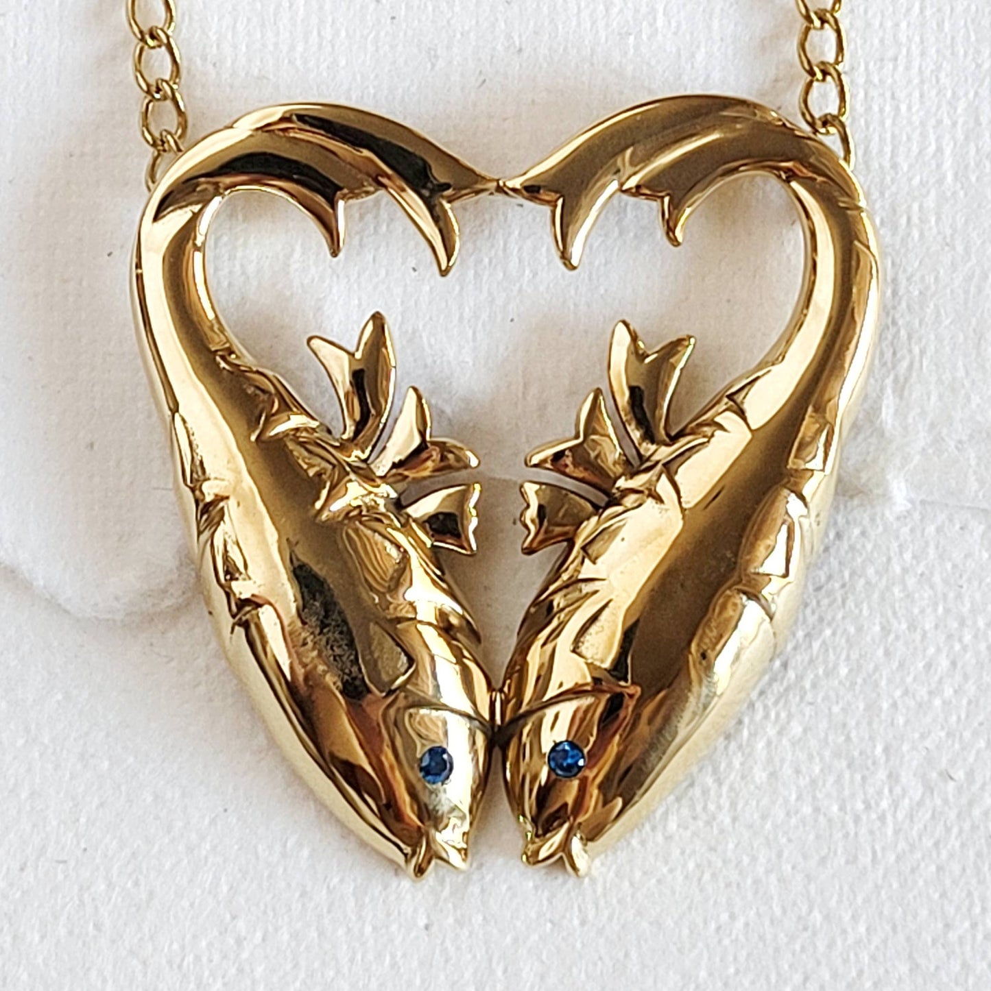 Bisjoux - Brass double fish  heart aquamarine pendant Necklace