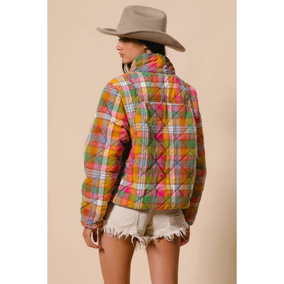 IVE - Bleached Vintage Plaid Quilted Jacket With Pockets: STAINED GLASS / S-M-L-XL(2-2-2-2)