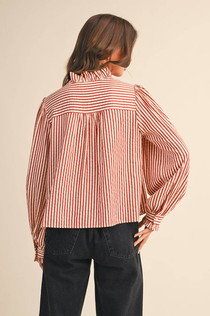 &MERCI - STRIPED RUFFLED BUTTON DOWN LONG SLEEVE TOP MTP4319: Denim Blue Stripe / L