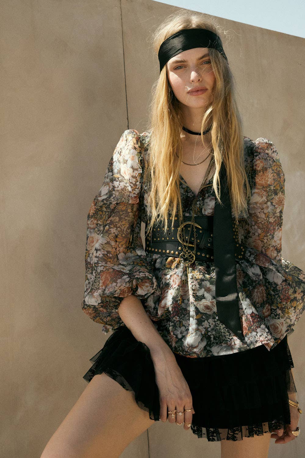 Promesa USA - Floral-Print Organza Puff-Sleeve Peplum Top: BLACK / L