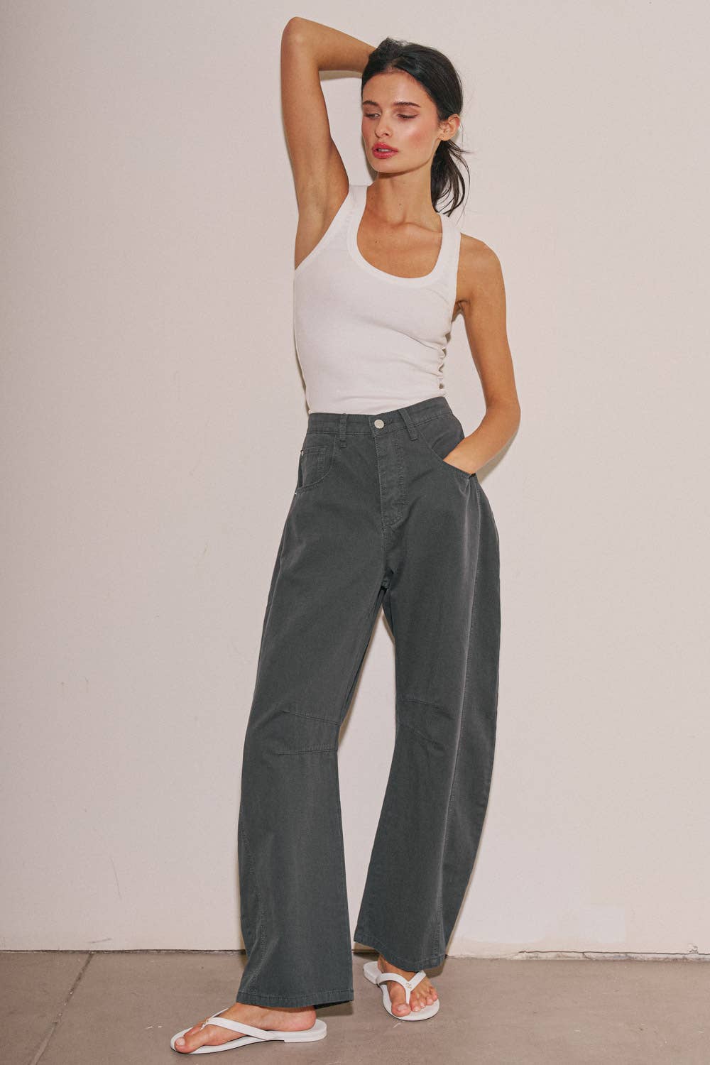 BEIGE BOTANY - A4108P-1 LADIES WOVEN COTTON WIDE LEG BARREL PANTS: Vintage Navy / S