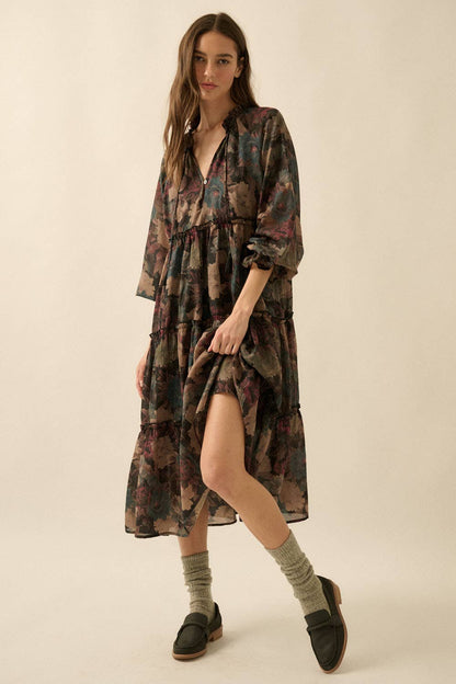 Promesa USA - Floral-Print Tiered Ruffle Long-Sleeve Midi Dress: SAND / S