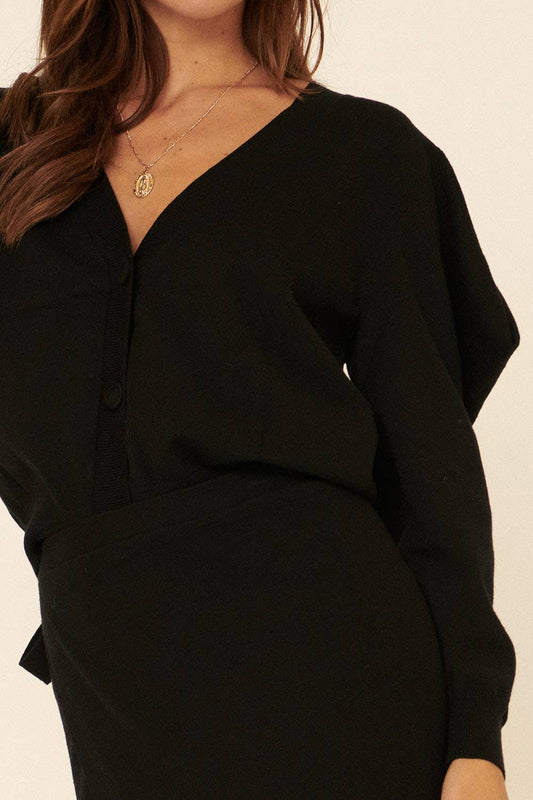 Promesa USA - Solid Knit V Neck Button Front Cardigan: Black / M