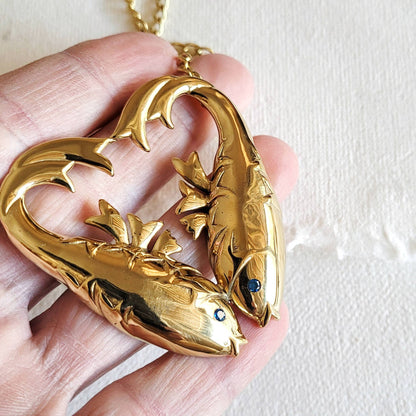 Bisjoux - Brass double fish  heart aquamarine pendant Necklace