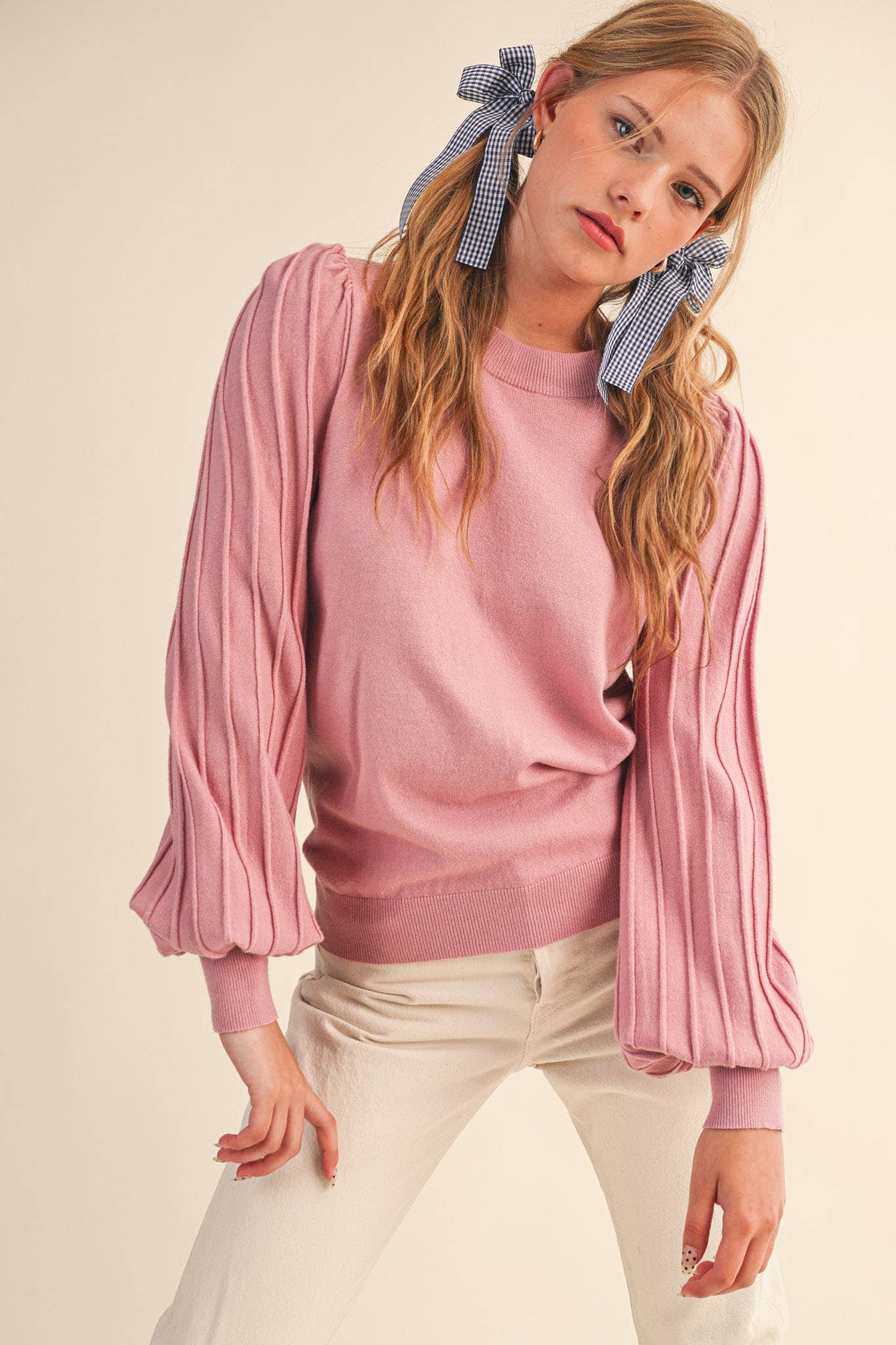 &MERCI - STRIPE TEXTURE PUFF SLEEVE SWEATER MSW9485: ROSEMARY GREEN / L