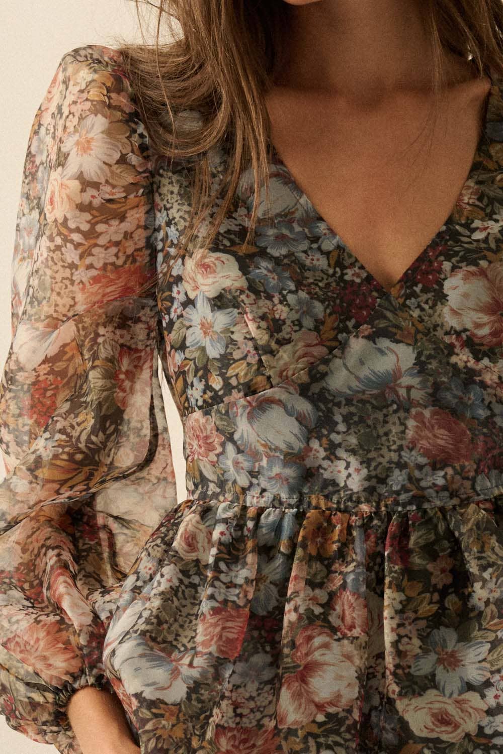 Promesa USA - Floral-Print Organza Puff-Sleeve Peplum Top: BLACK / M