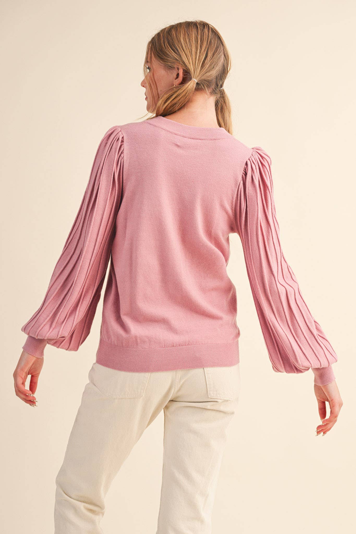 &MERCI - STRIPE TEXTURE PUFF SLEEVE SWEATER MSW9485: ROSEMARY GREEN / M