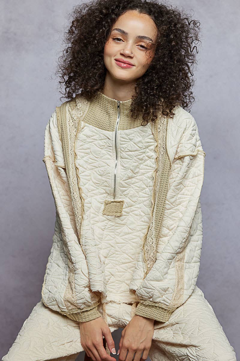 Pol Clothing - Long sleeve solid stitch edge quilted woven hoodie top: CHARCOAL / S