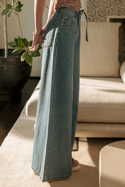 MIOU MUSE - P6402   WIDE LEG DENIM PANTS WITH SELF BELT: DENIM / M