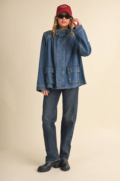&MERCI - DENIM STAND COLLAR UTILITY JACKET MJK5157: DARK VINTAGE BLUE / S
