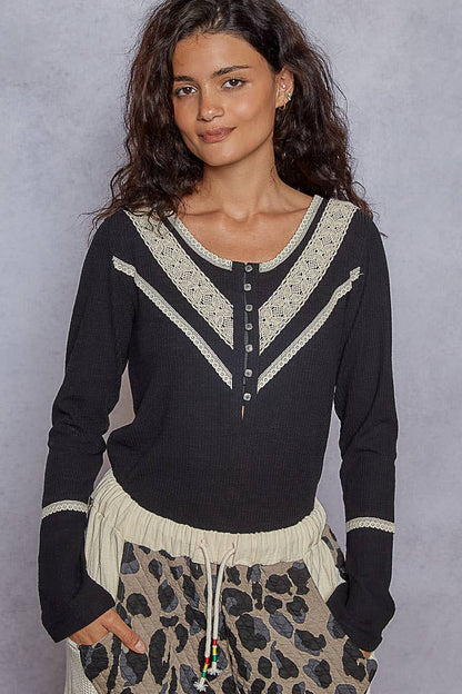 Pol Clothing - Long sleeve double gauze solid knit rib top: Black / M
