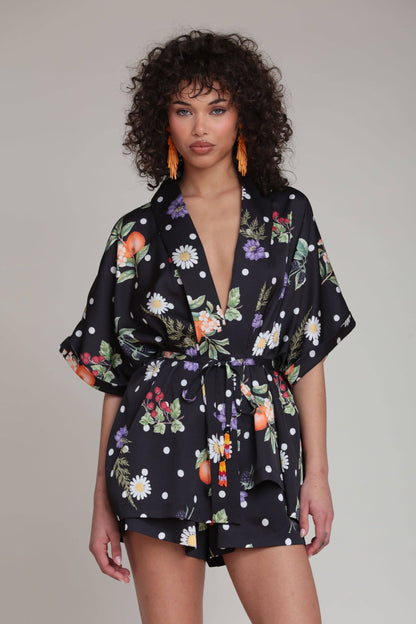 Avec Les Filles - Floral Polka Dot Satin Kimono Top: Black Scattered Botanical / XS