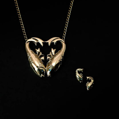 Bisjoux - Brass double fish  heart aquamarine pendant Necklace
