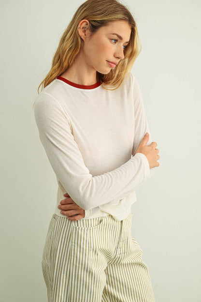 MIOU MUSE - ET7016   ESSENTIAL RINGER LONG SLEEVE TOP: CREAM/NAVY / M