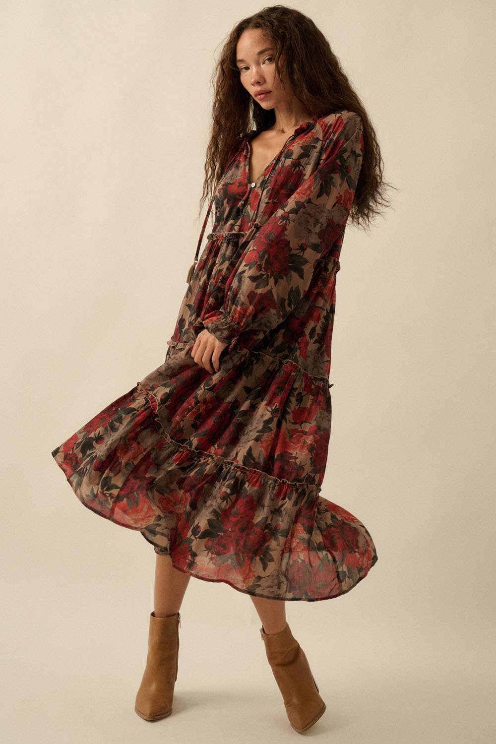 Promesa USA - Floral-Print Tiered Ruffle Long-Sleeve Midi Dress: SAND / M