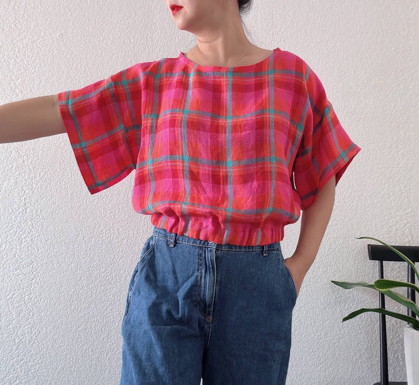 Joolee - Pink check linen top: S