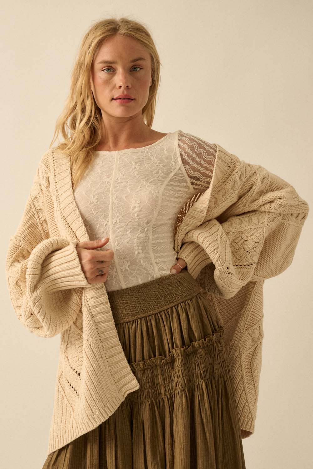 Promesa USA - Cable-Knit Oversize Balloon-Sleeve Cardigan: Cream / S
