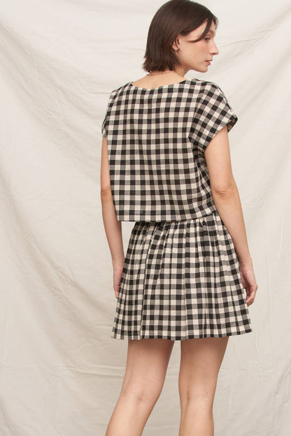 En Crème - Short Sleeve Gingham Boxy Top: Black Ivory / S