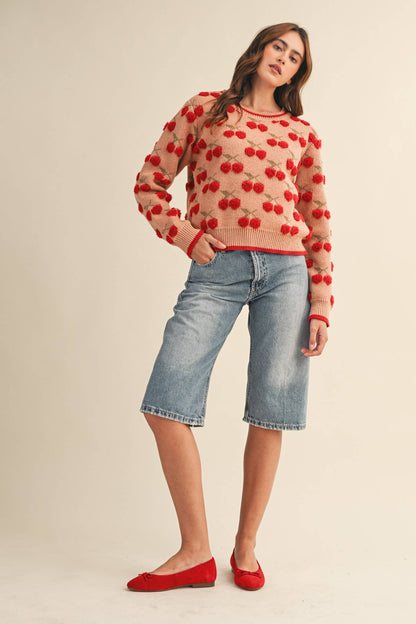&MERCI - FUZZY CHERRY SWEATER MSW11122: Taupe Red Multi / M