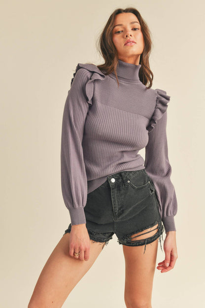 &MERCI - SHOULDER RUFFLE TURTLENECK SWEATER MSW1500: CRUSHED GRAPE / S