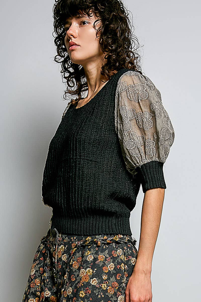 Pol Clothing - Balloon Sleeve bead Trim Point Acrylic Sweater Top : Black / M
