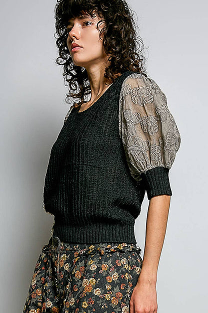 Pol Clothing - Balloon Sleeve bead Trim Point Acrylic Sweater Top : Black / L
