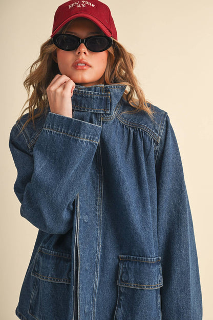 &MERCI - DENIM STAND COLLAR UTILITY JACKET MJK5157: DARK VINTAGE BLUE / L