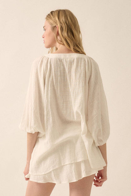 Promesa USA - Textured Button-Front Three Quarter-Sleeve Top: Off White / S