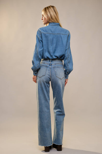 Blue B - 23612T - Tie Neck Hidden Button Chambray Blouse: MEDIUM WASH / S