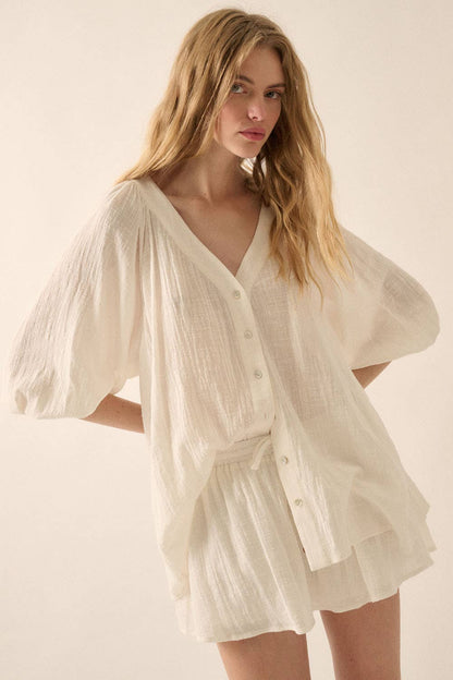 Promesa USA - Textured Button-Front Three Quarter-Sleeve Top: Off White / S