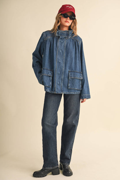&MERCI - DENIM STAND COLLAR UTILITY JACKET MJK5157: DARK VINTAGE BLUE / S
