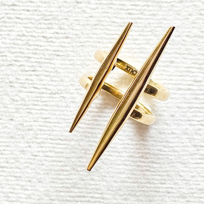 Bisjoux - Solid brass double spike needle adjustable ring handcrafted