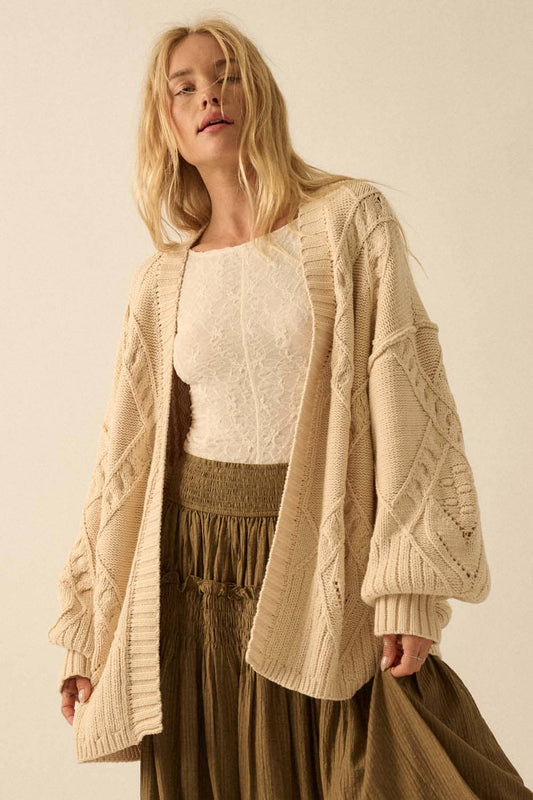 Promesa USA - Cable-Knit Oversize Balloon-Sleeve Cardigan: Cream / L