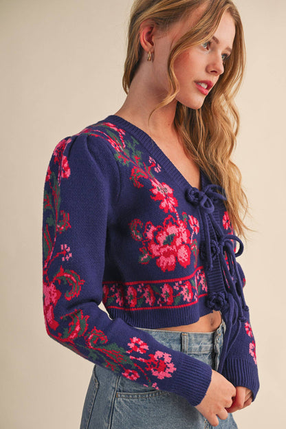 &MERCI - FLORAL KNIT TIE-FRONT CROPPED SWEATER CARDIGAN MSW11133: Brick Red Floral / S