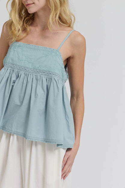 Grade & Gather - 42226 - EMBROIDERED SLEEVELESS TOP: PALE BLUE / Contemporary / MEDIUM