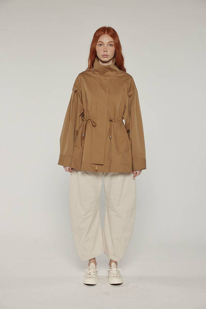 amente - Tie waist utility jacket: Khaki / Solid / XS/S
