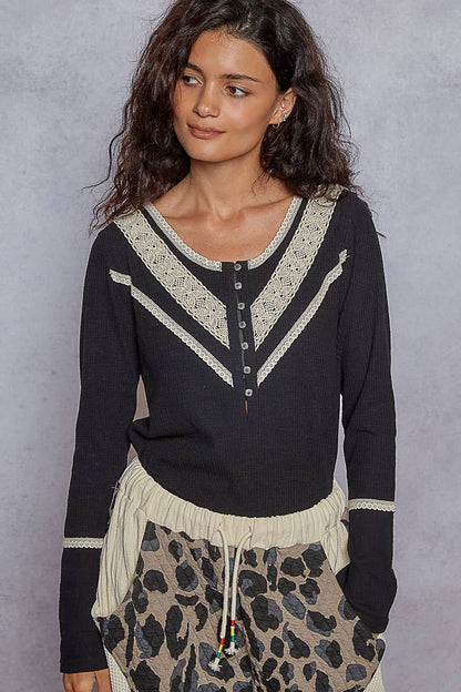 Pol Clothing - Long sleeve double gauze solid knit rib top: Black / L