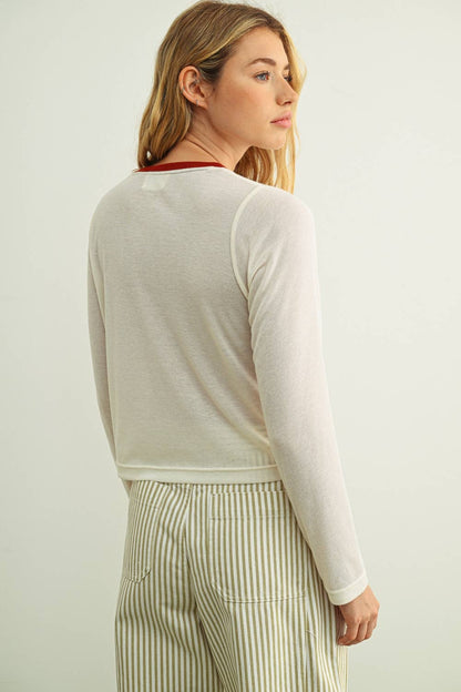 MIOU MUSE - ET7016   ESSENTIAL RINGER LONG SLEEVE TOP: CREAM/NAVY / M
