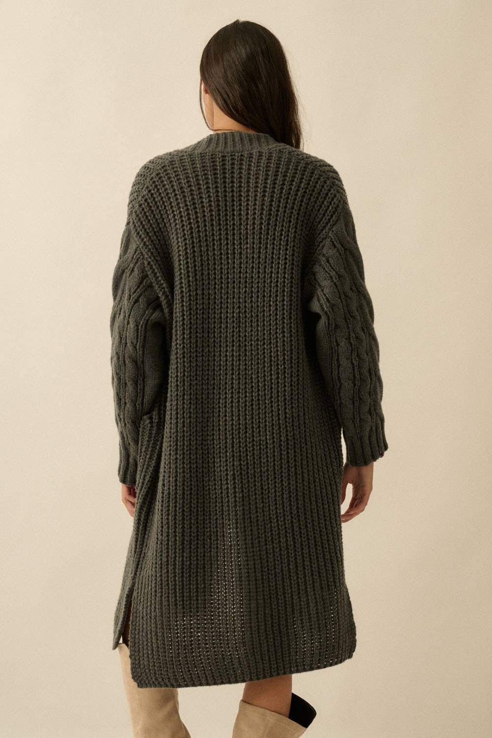 Promesa USA - Solid Rib Knit Open Front Cable Knit Cardigan: Sunburn / S