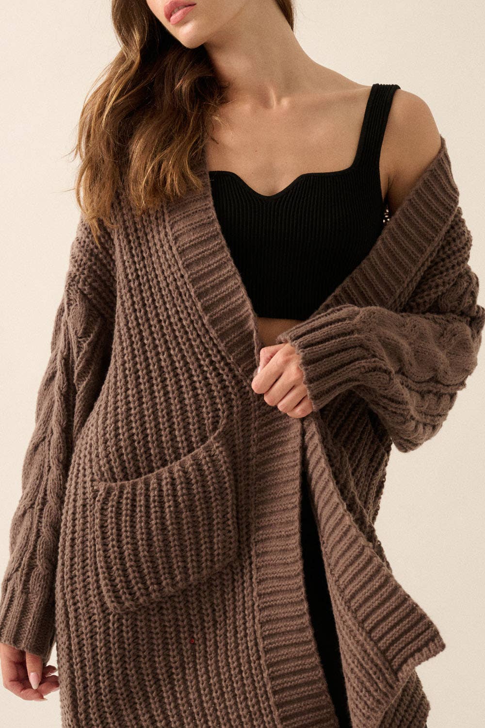 Promesa USA - Solid Rib Knit Open Front Cable Knit Cardigan: Sunburn / S