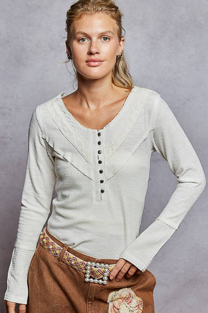 Pol Clothing - Long sleeve double gauze solid knit rib top: Black / L
